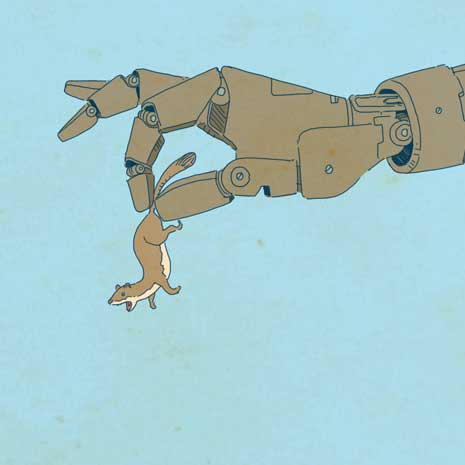 robot holding weasel